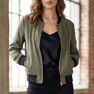 Olivia Grey Womens Olive Green Bomber Jacket L Retro Sporty Military Style